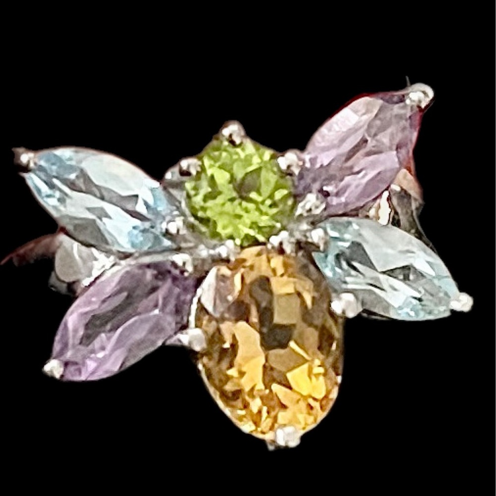 Genuine Amethyst, Topaz, Citrine & Peridot 925 Sterling w/ Rhodolite Ring 7